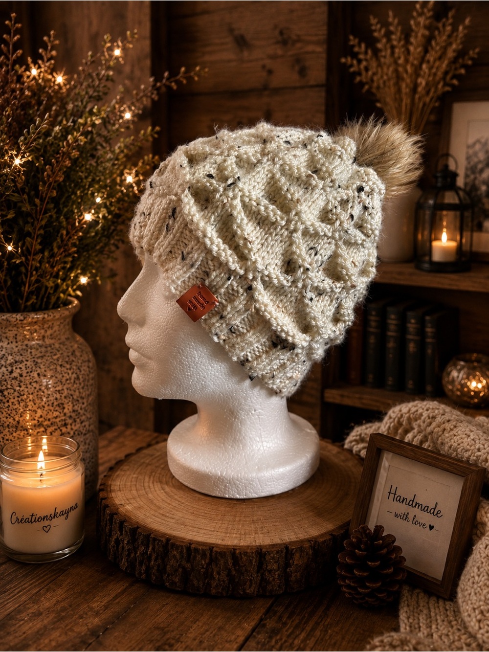 Handmade Cream Speckled Knit Beanie with Leather Tag - Picture 3 of 3